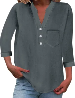 Loose Button Shirt V Neck for Woman Cotton Linen Soft Comfortable Top Solid Color Sleeve Collar Casual Shirt