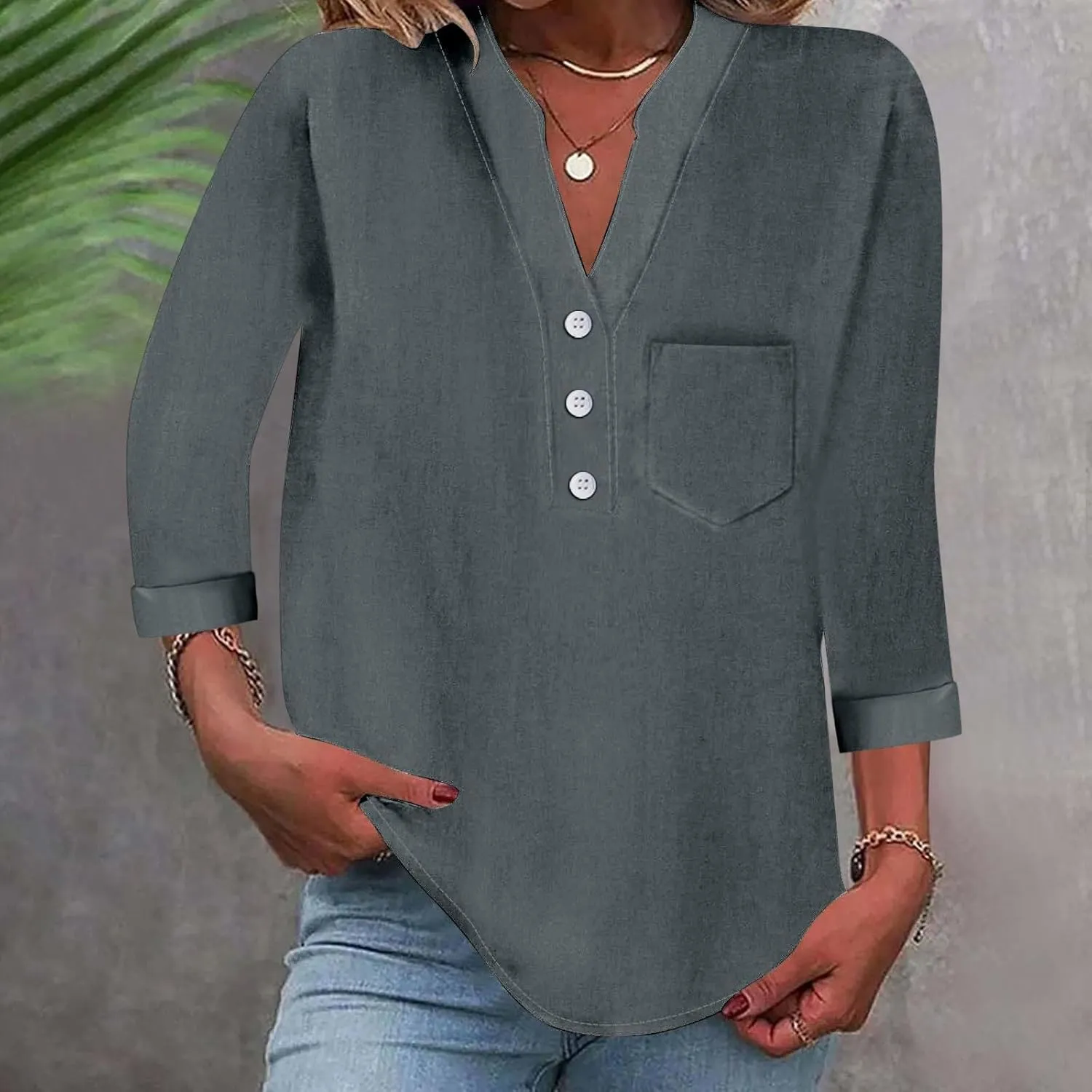 Loose Button Shirt V Neck for Woman Cotton Linen Soft Comfortable Top Solid Color Sleeve Collar Casual Shirt