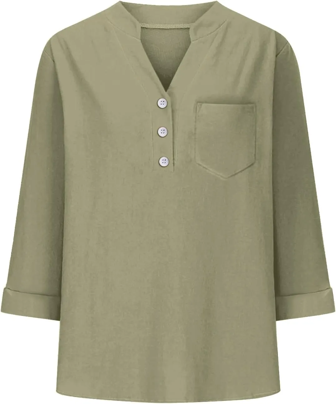 Loose Button Shirt V Neck for Woman Cotton Linen Soft Comfortable Top Solid Color Sleeve Collar Casual Shirt