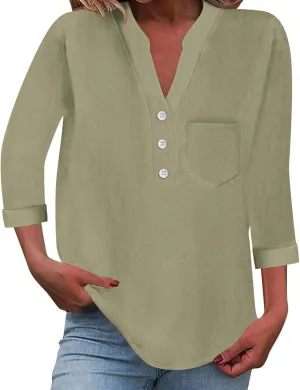 Loose Button Shirt V Neck for Woman Cotton Linen Soft Comfortable Top Solid Color Sleeve Collar Casual Shirt