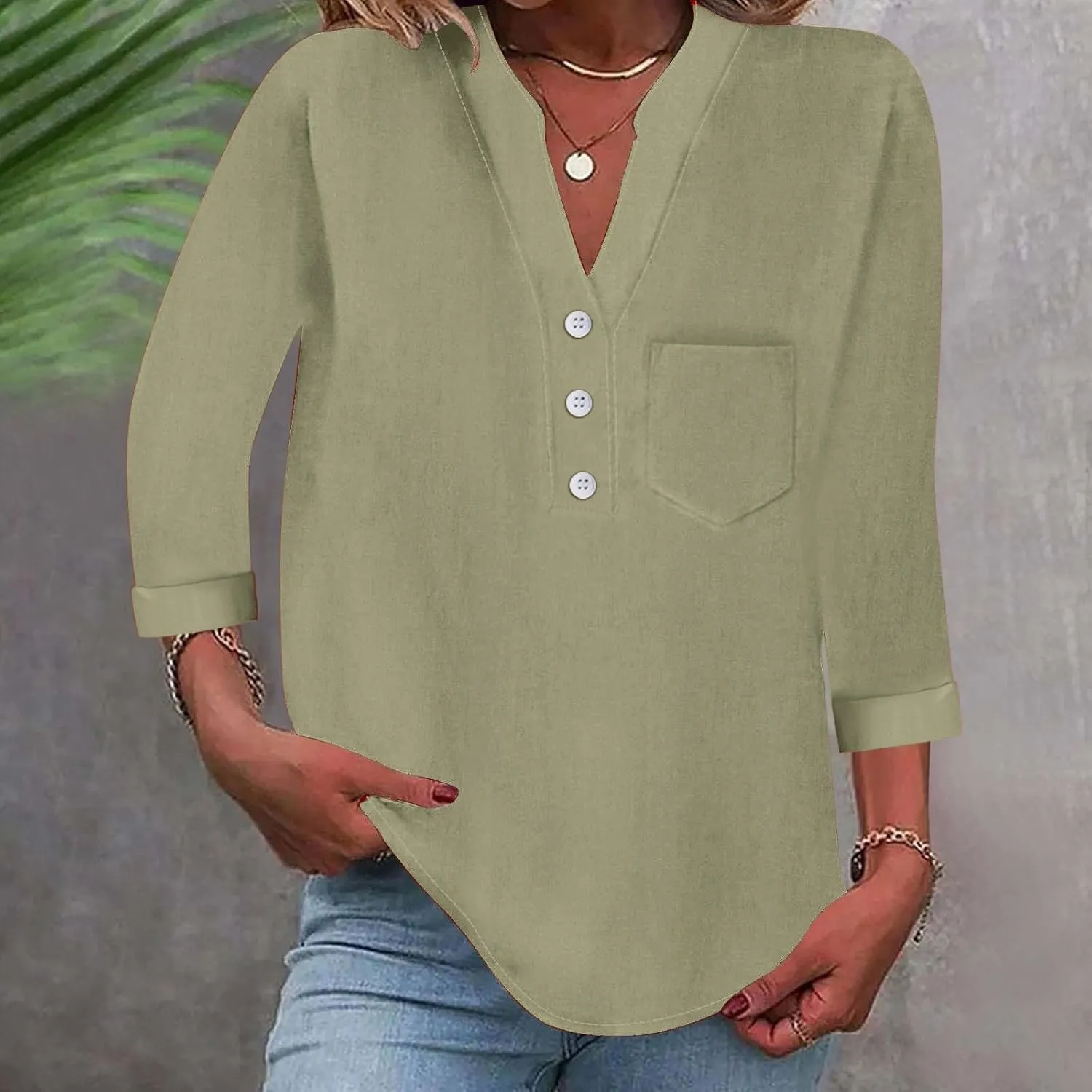 Loose Button Shirt V Neck for Woman Cotton Linen Soft Comfortable Top Solid Color Sleeve Collar Casual Shirt