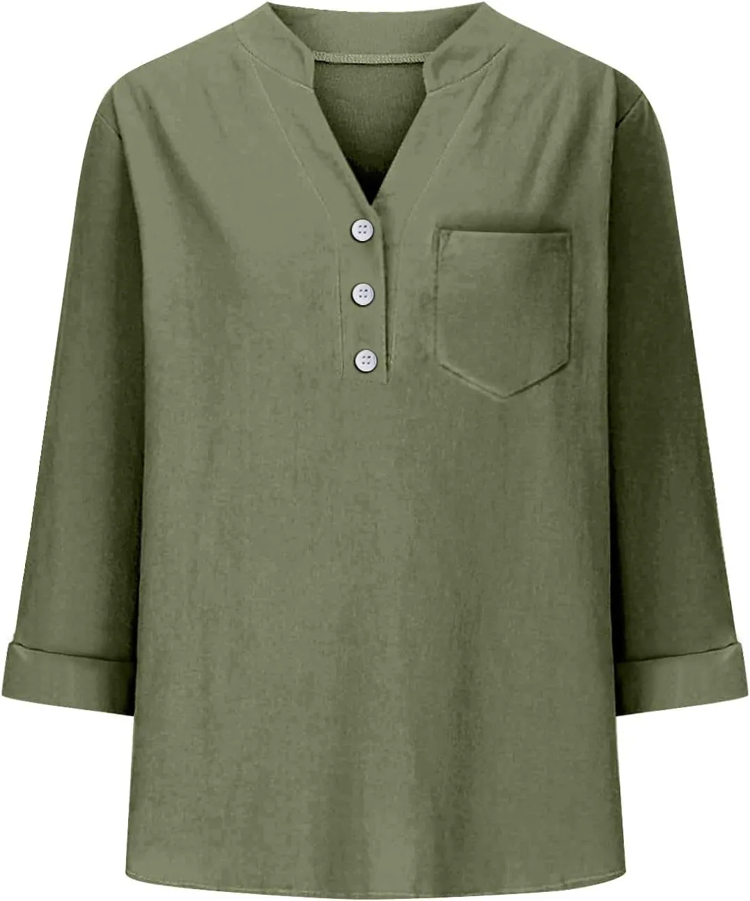 Loose Button Shirt V Neck for Woman Cotton Linen Soft Comfortable Top Solid Color Sleeve Collar Casual Shirt