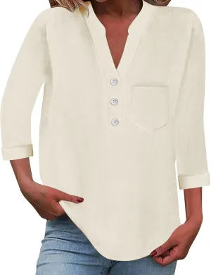 Loose Button Shirt V Neck for Woman Cotton Linen Soft Comfortable Top Solid Color Sleeve Collar Casual Shirt