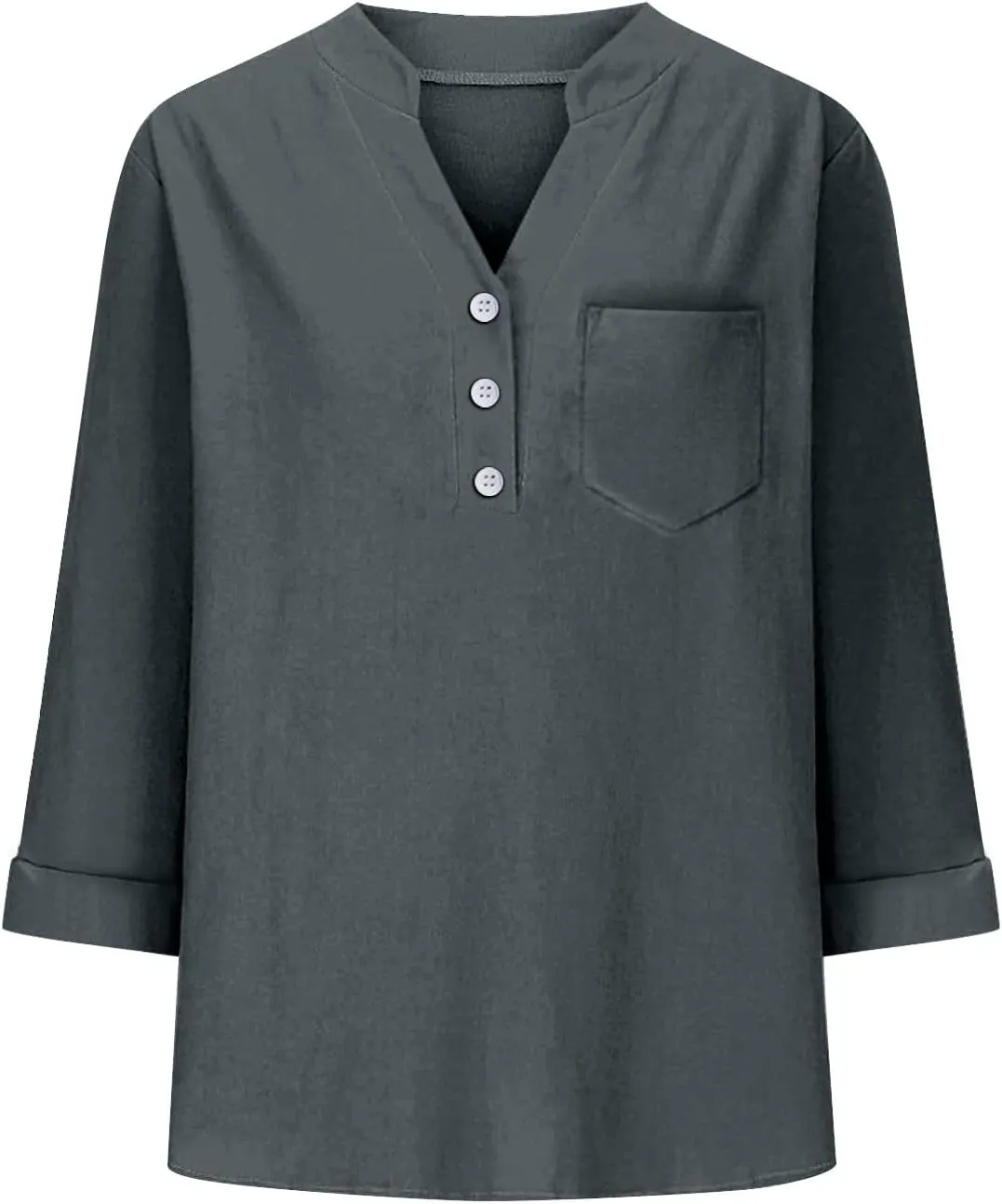 Loose Button Shirt V Neck for Woman Cotton Linen Soft Comfortable Top Solid Color Sleeve Collar Casual Shirt