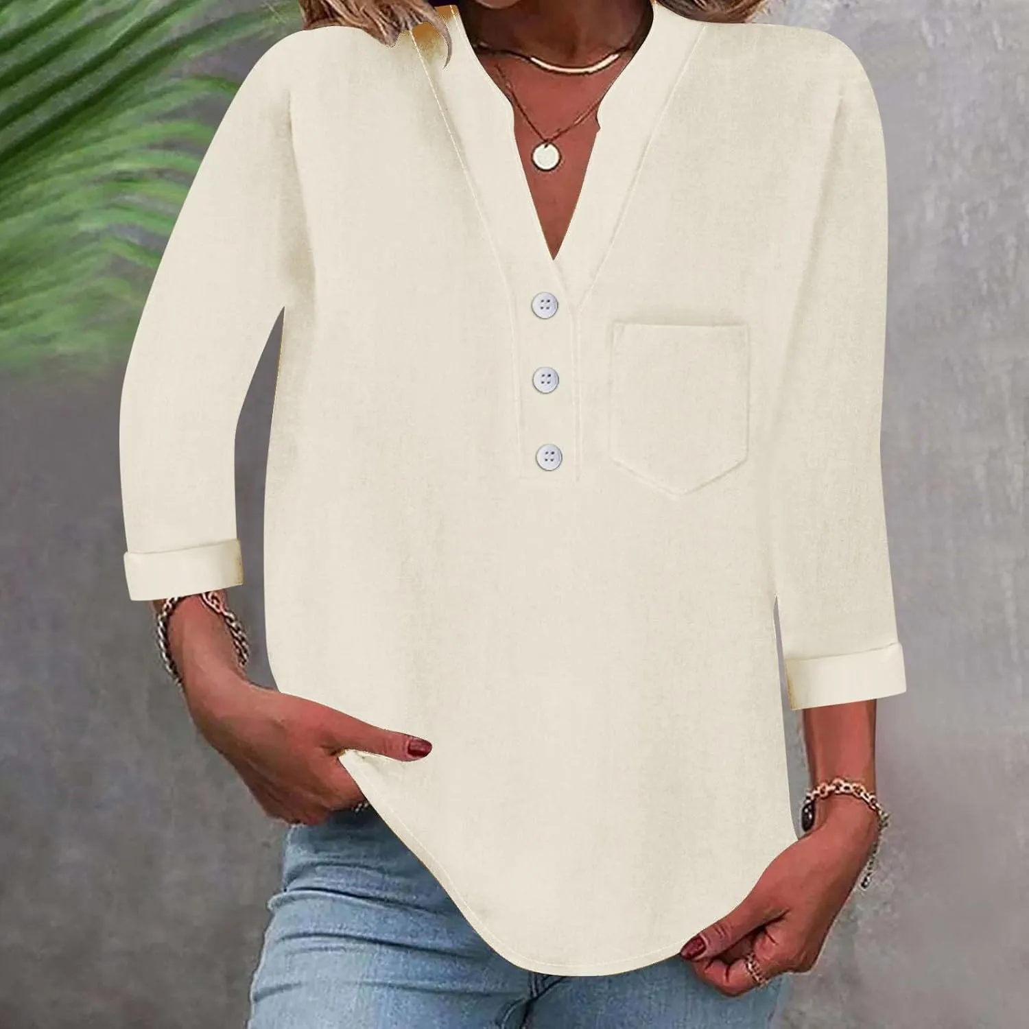 Loose Button Shirt V Neck for Woman Cotton Linen Soft Comfortable Top Solid Color Sleeve Collar Casual Shirt