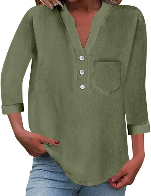 Loose Button Shirt V Neck for Woman Cotton Linen Soft Comfortable Top Solid Color Sleeve Collar Casual Shirt