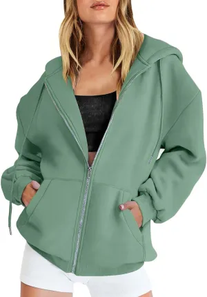 Loose Hoodie for Women Oversized Casual Full Zip Up Open Front Drawstring Hooded Solid Color Coat Fall Commute Hoodie