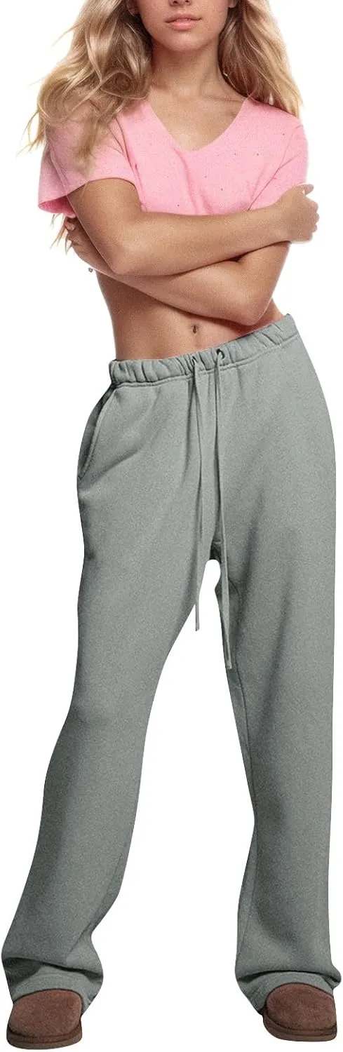 Low Rise Sweatpants for Women Baggy Drawstring Straight Leg Track Pants Fleece Lined Workout Pants with Pockets