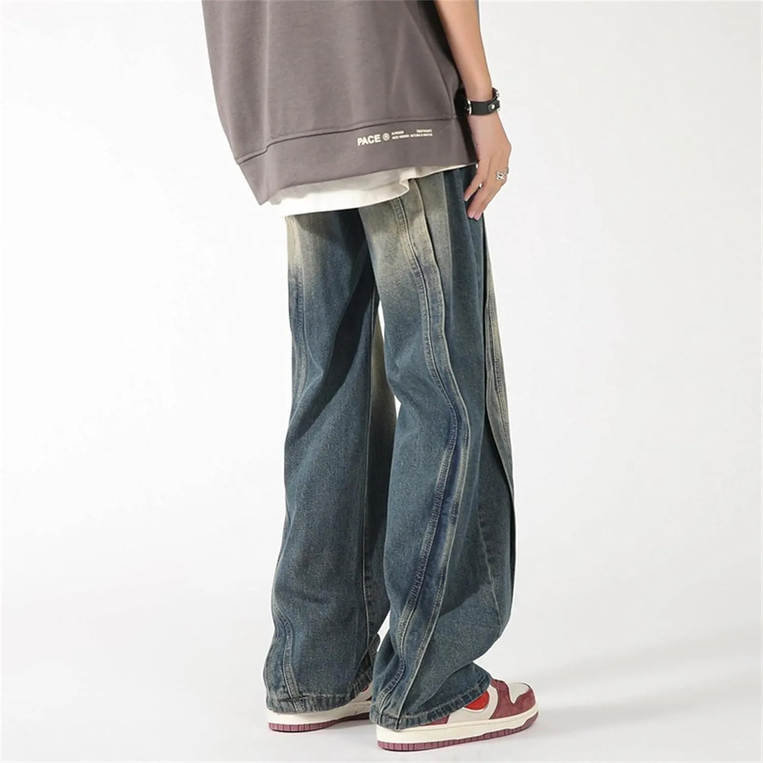 Maiyifu-GJ Jeans for Men Plus Size Straight Patchwork Wide Leg Relaxed Fit Denim Pants Baggy Casual Streetwear Jean Trousers