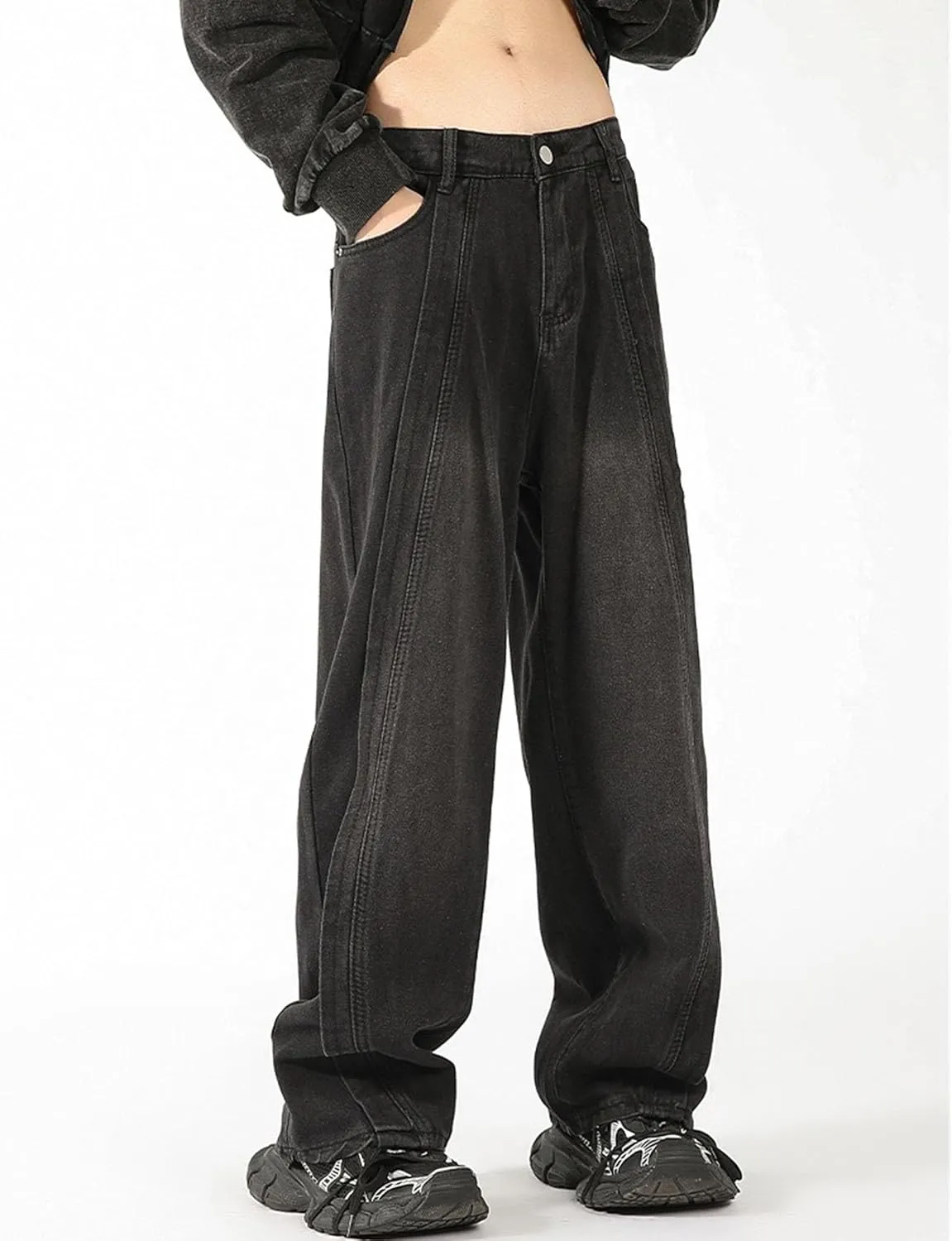 Maiyifu-GJ Jeans for Men Plus Size Straight Patchwork Wide Leg Relaxed Fit Denim Pants Baggy Casual Streetwear Jean Trousers