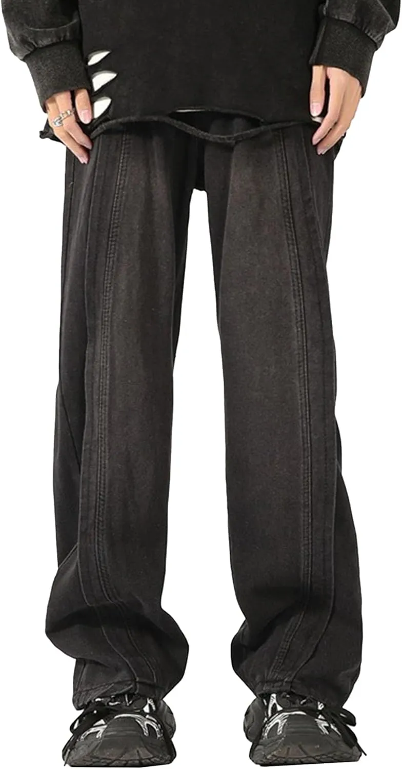 Maiyifu-GJ Jeans for Men Plus Size Straight Patchwork Wide Leg Relaxed Fit Denim Pants Baggy Casual Streetwear Jean Trousers