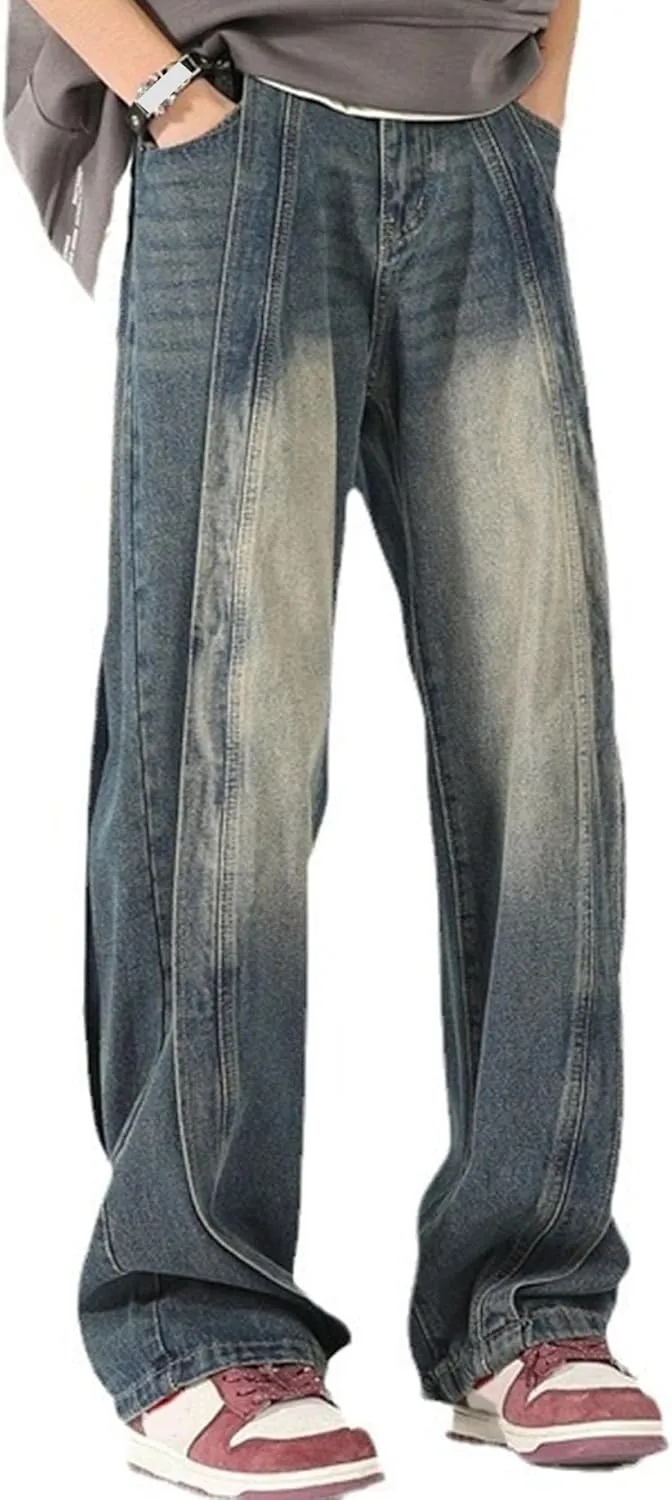 Maiyifu-GJ Jeans for Men Plus Size Straight Patchwork Wide Leg Relaxed Fit Denim Pants Baggy Casual Streetwear Jean Trousers