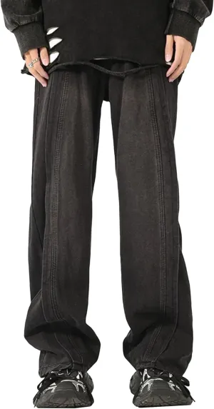 Maiyifu-GJ Jeans for Men Plus Size Straight Patchwork Wide Leg Relaxed Fit Denim Pants Baggy Casual Streetwear Jean Trousers