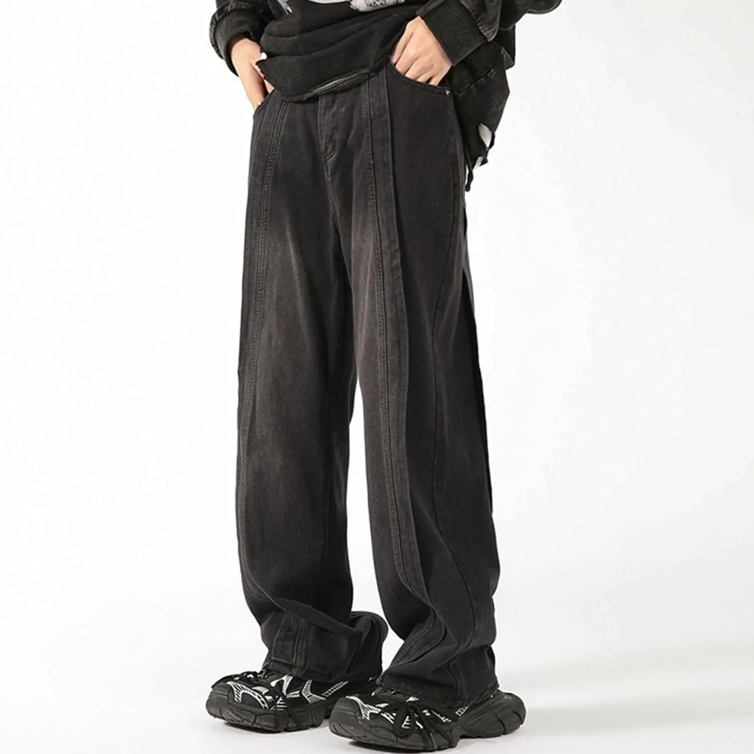 Maiyifu-GJ Jeans for Men Plus Size Straight Patchwork Wide Leg Relaxed Fit Denim Pants Baggy Casual Streetwear Jean Trousers