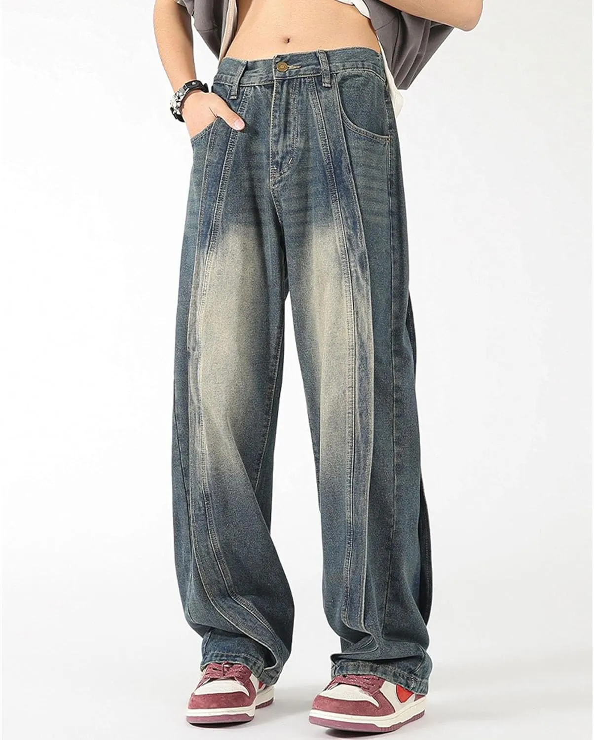 Maiyifu-GJ Jeans for Men Plus Size Straight Patchwork Wide Leg Relaxed Fit Denim Pants Baggy Casual Streetwear Jean Trousers