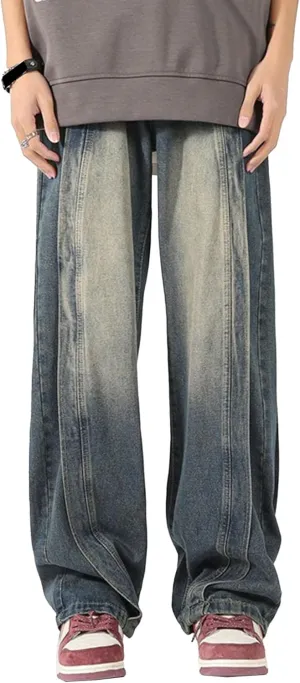Maiyifu-GJ Jeans for Men Plus Size Straight Patchwork Wide Leg Relaxed Fit Denim Pants Baggy Casual Streetwear Jean Trousers