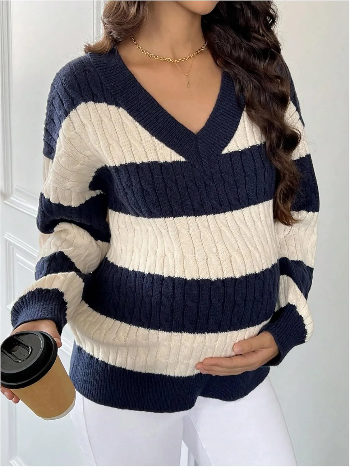 MakeMeChic Women's Maternity Sweaters Striped Cable Knit Sweaters V Neck Long Sleeve Pregnancy Knit Top