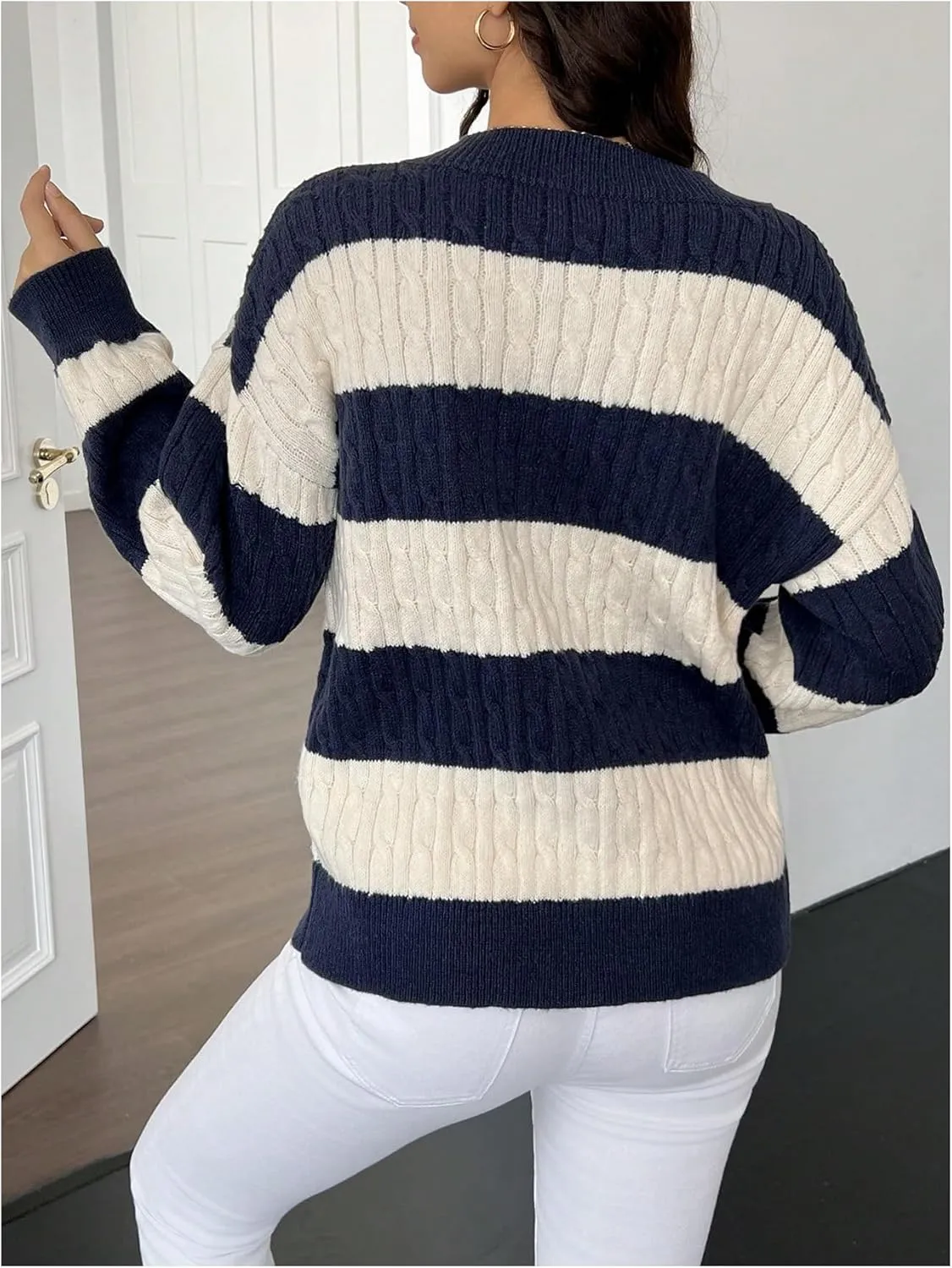 MakeMeChic Women's Maternity Sweaters Striped Cable Knit Sweaters V Neck Long Sleeve Pregnancy Knit Top
