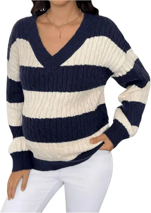 MakeMeChic Women's Maternity Sweaters Striped Cable Knit Sweaters V Neck Long Sleeve Pregnancy Knit Top