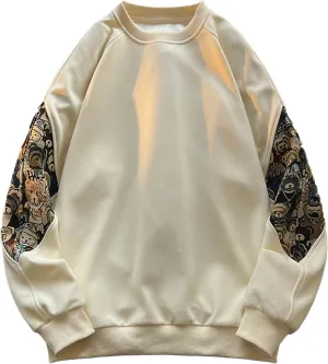 Men Crewneck Embroidered Sweatshirt Patchwork Workout Sweatshirts Vintage Loose Pullover Shirt Tops