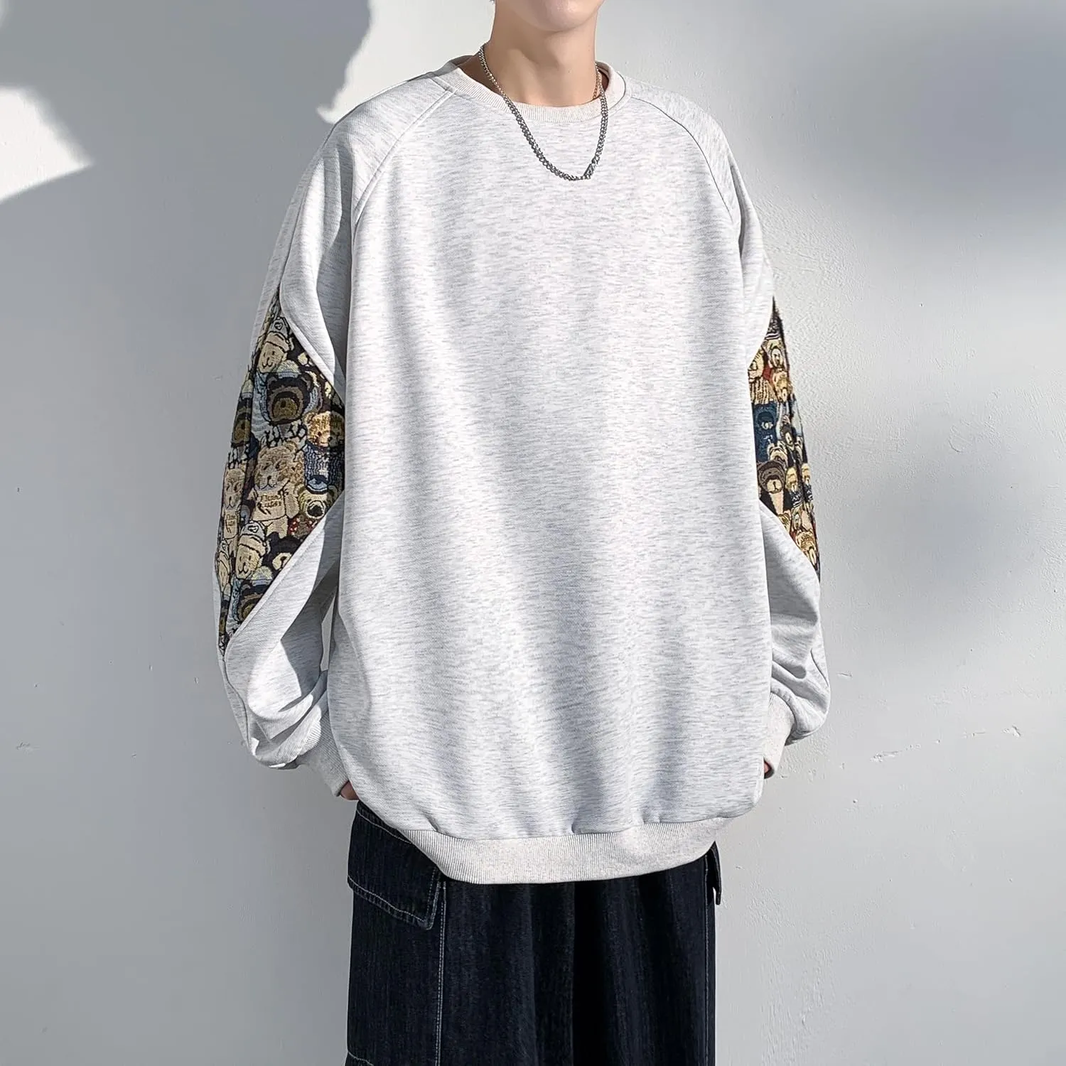 Men Crewneck Embroidered Sweatshirt Patchwork Workout Sweatshirts Vintage Loose Pullover Shirt Tops