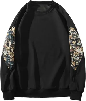 Men Crewneck Embroidered Sweatshirt Patchwork Workout Sweatshirts Vintage Loose Pullover Shirt Tops