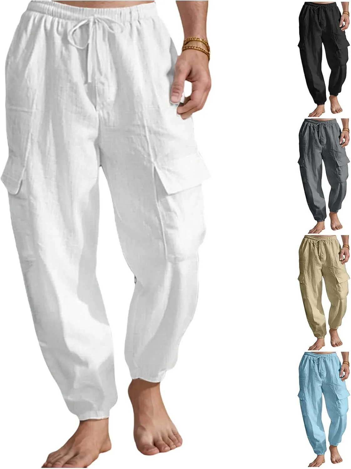 Mens Baggy Cargo Pants Casual Elastic Waist Cotton Linen Harem Pants Summer Beach Yoga Long Trousers Multi Pockets