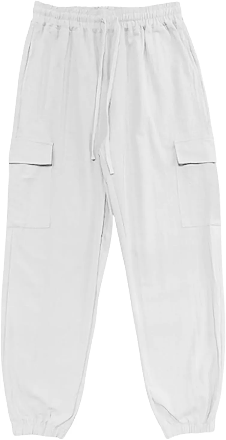 Mens Baggy Cargo Pants Casual Elastic Waist Cotton Linen Harem Pants Summer Beach Yoga Long Trousers Multi Pockets