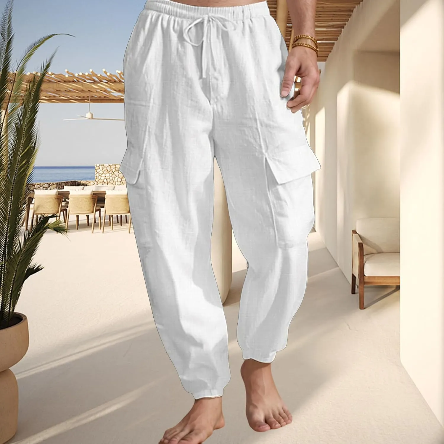 Mens Baggy Cargo Pants Casual Elastic Waist Cotton Linen Harem Pants Summer Beach Yoga Long Trousers Multi Pockets