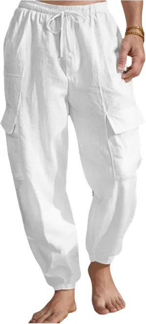 Mens Baggy Cargo Pants Casual Elastic Waist Cotton Linen Harem Pants Summer Beach Yoga Long Trousers Multi Pockets
