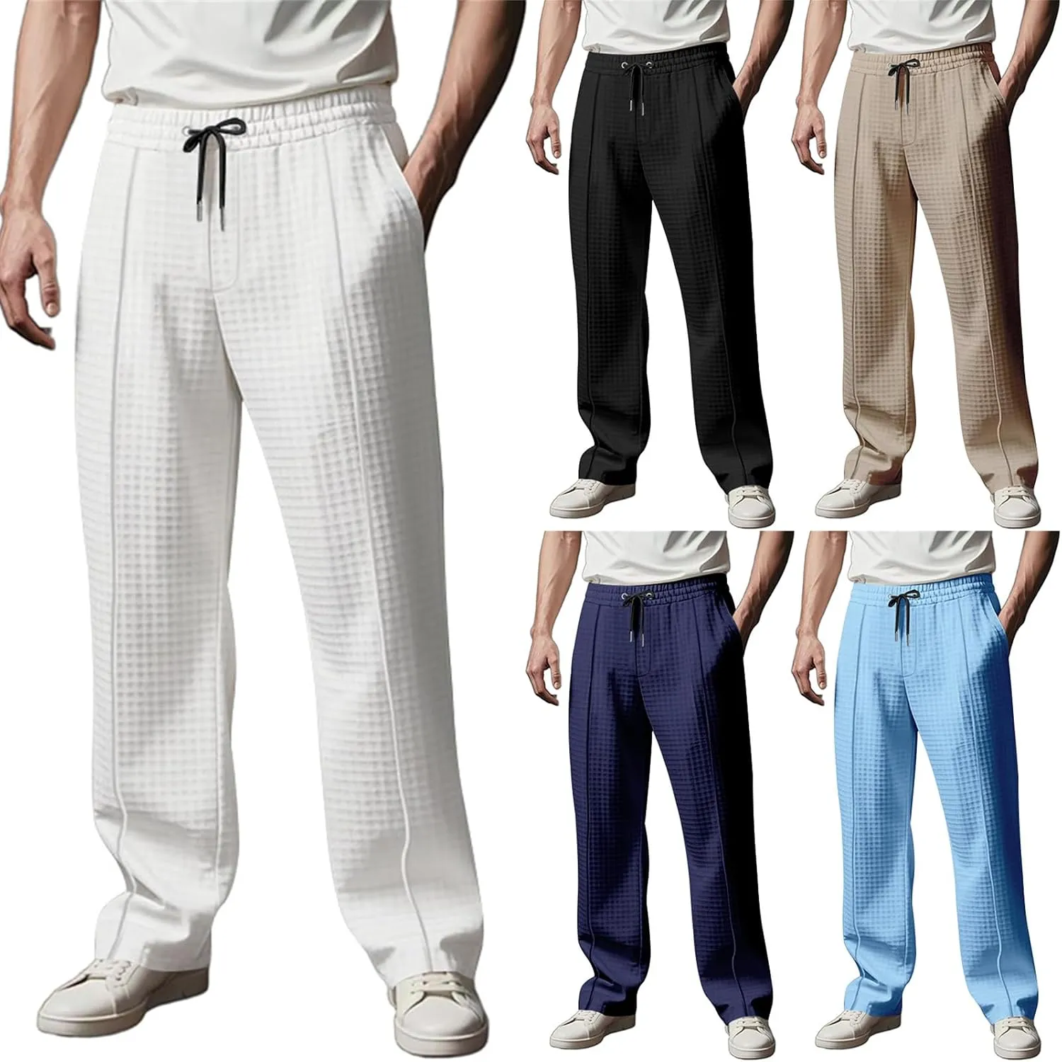 Mens Baggy Sweatpants Lounge Waffle Knitted Elastic Waist Joggers Pants Workout Gym Running Trousers with Pockets