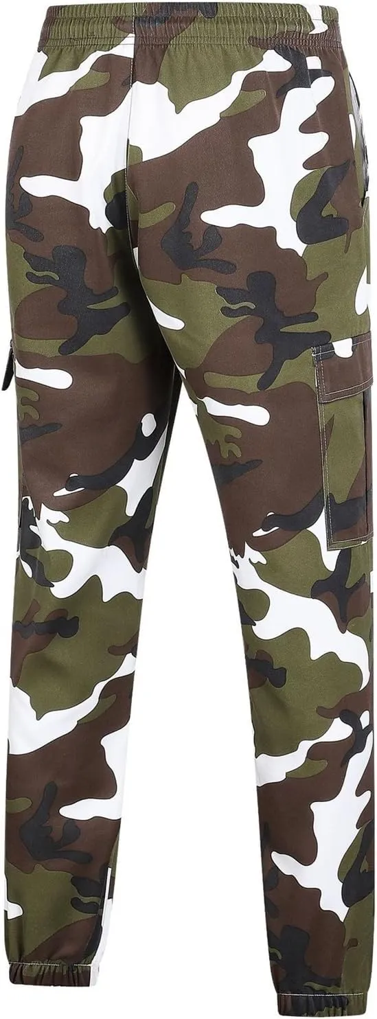 Men's Camo Cargo Pants Military Combat Hiking Sweatpants Outdoor Loose Fit Drawstring Pants for Travel Running Golf