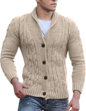 Men's Cardigan Sweaters Cable Knit Button Down Sweater Shawl Collar Loose Fit Casual Knitted Cardigan