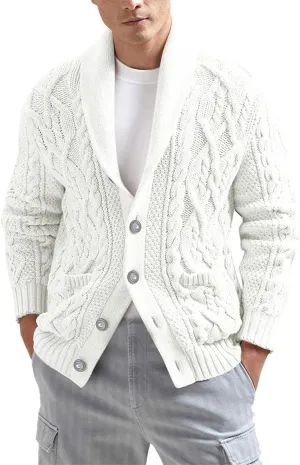 Men's Cardigan Sweaters Cable Knit Button Down Sweater Shawl Collar Loose Fit Casual Knitted Cardigan