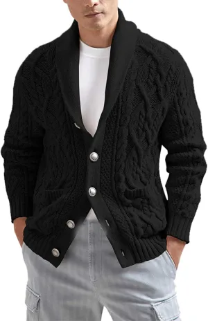 Men's Cardigan Sweaters Cable Knit Button Down Sweater Shawl Collar Loose Fit Casual Knitted Cardigan