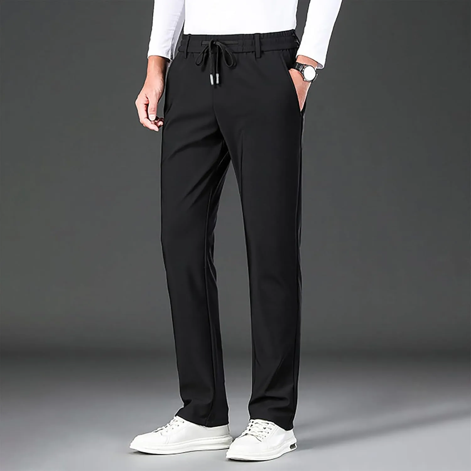 Mens Casual Business Dress Pants Elastic Drawstring Waist Straight Leg Pant Relaxed Fit Lightweight Outdoor Trousers