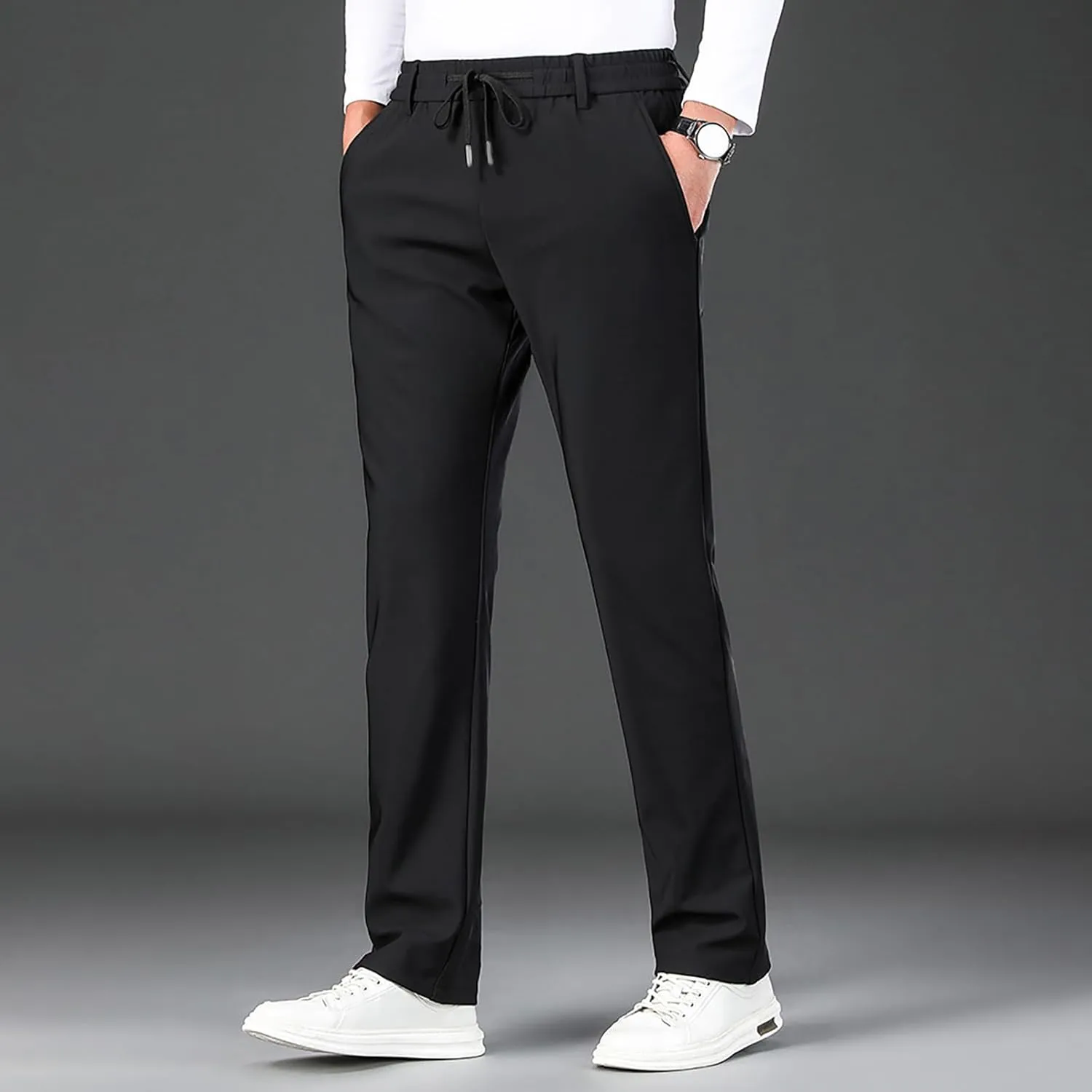 Mens Casual Business Dress Pants Elastic Drawstring Waist Straight Leg Pant Relaxed Fit Lightweight Outdoor Trousers