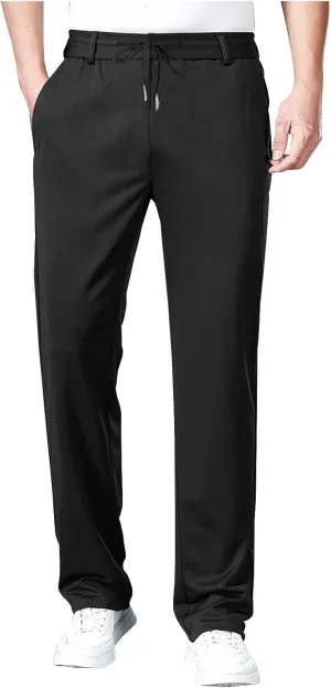 Mens Casual Business Dress Pants Elastic Drawstring Waist Straight Leg Pant Relaxed Fit Lightweight Outdoor Trousers