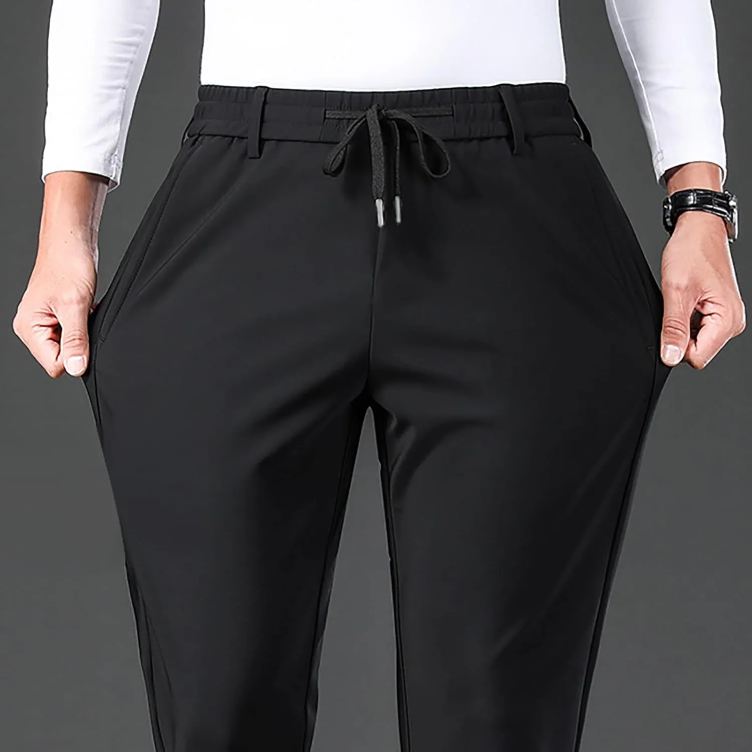 Mens Casual Business Dress Pants Elastic Drawstring Waist Straight Leg Pant Relaxed Fit Lightweight Outdoor Trousers