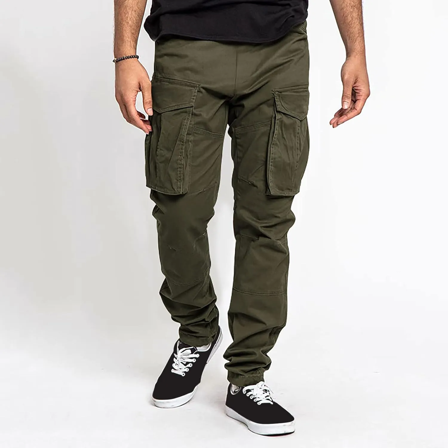 Mens Casual Cargo Pants Elastic Waist Stretch Drawstring Trouser Relaxed Fit Tactical Work Joggers Pans Multi Pockets