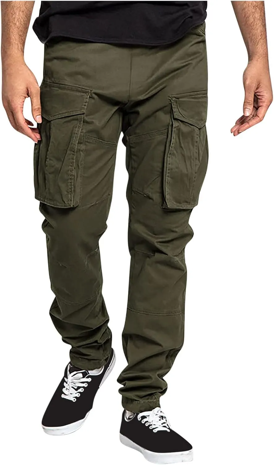Mens Casual Cargo Pants Elastic Waist Stretch Drawstring Trouser Relaxed Fit Tactical Work Joggers Pans Multi Pockets