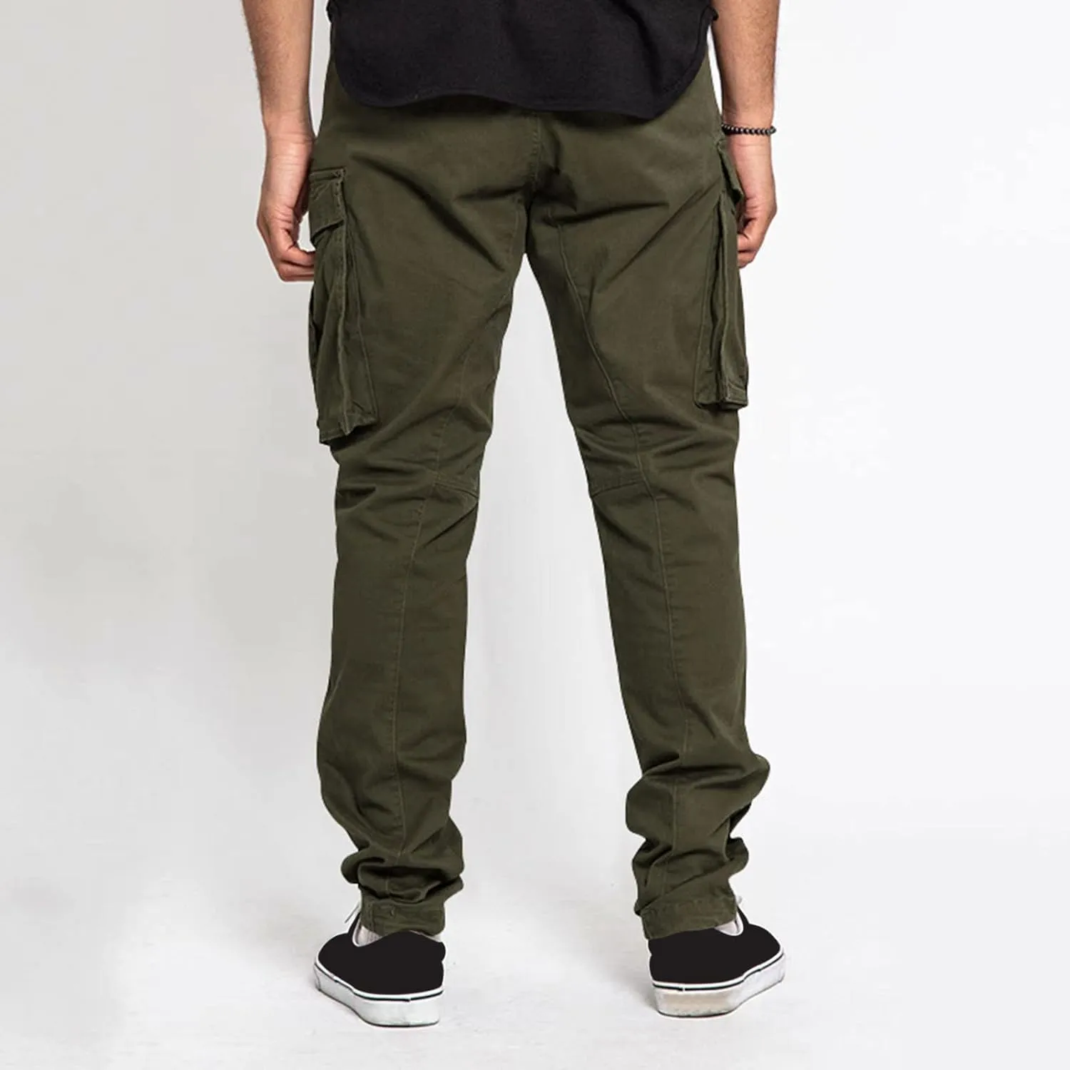 Mens Casual Cargo Pants Elastic Waist Stretch Drawstring Trouser Relaxed Fit Tactical Work Joggers Pans Multi Pockets