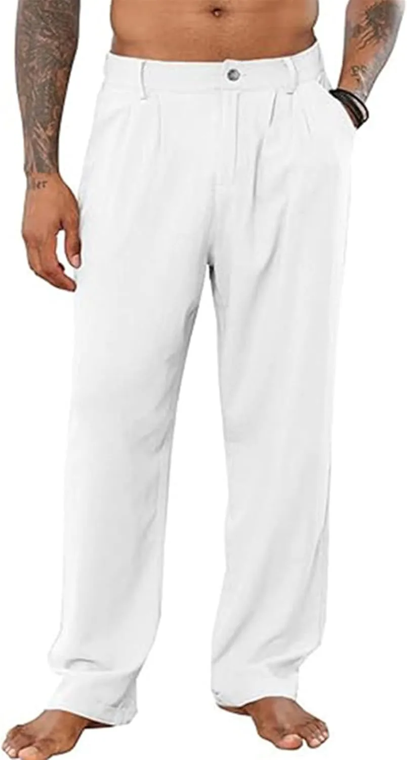 Mens Casual Cotton Linen Pants Casual Loose Fit Yoga Beach Trouser Button Elastic Waist Straight Pants with Pockets