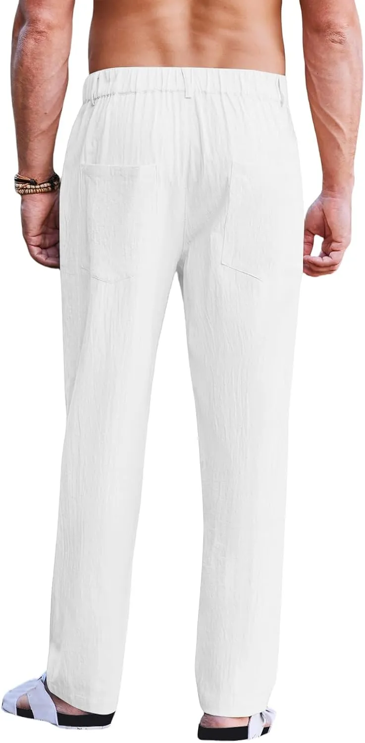 Mens Casual Cotton Linen Pants Casual Loose Fit Yoga Beach Trouser Button Elastic Waist Straight Pants with Pockets