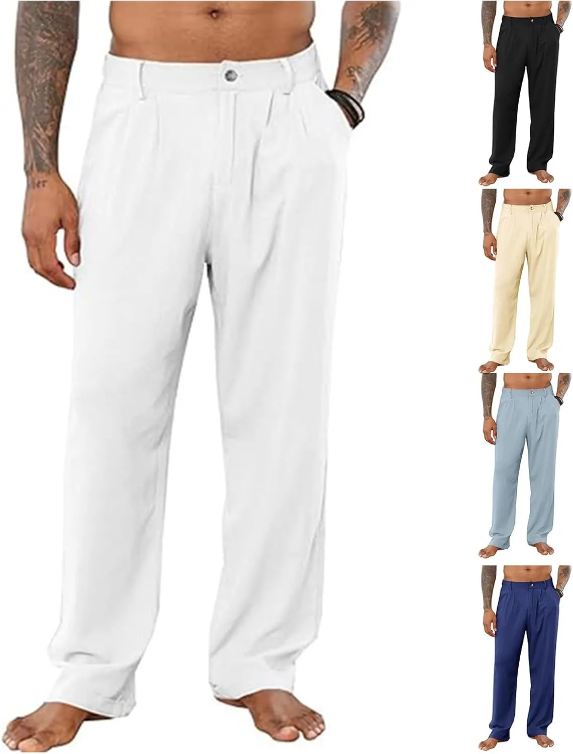 Mens Casual Cotton Linen Pants Casual Loose Fit Yoga Beach Trouser Button Elastic Waist Straight Pants with Pockets