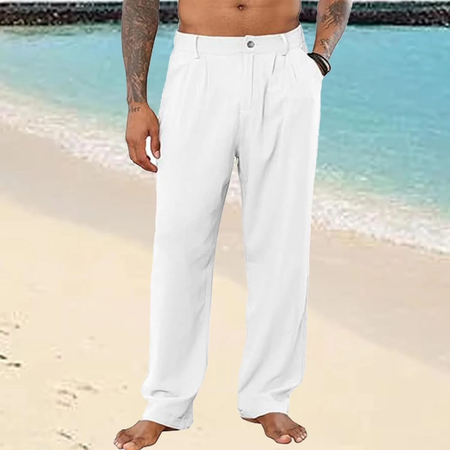 Mens Casual Cotton Linen Pants Casual Loose Fit Yoga Beach Trouser Button Elastic Waist Straight Pants with Pockets