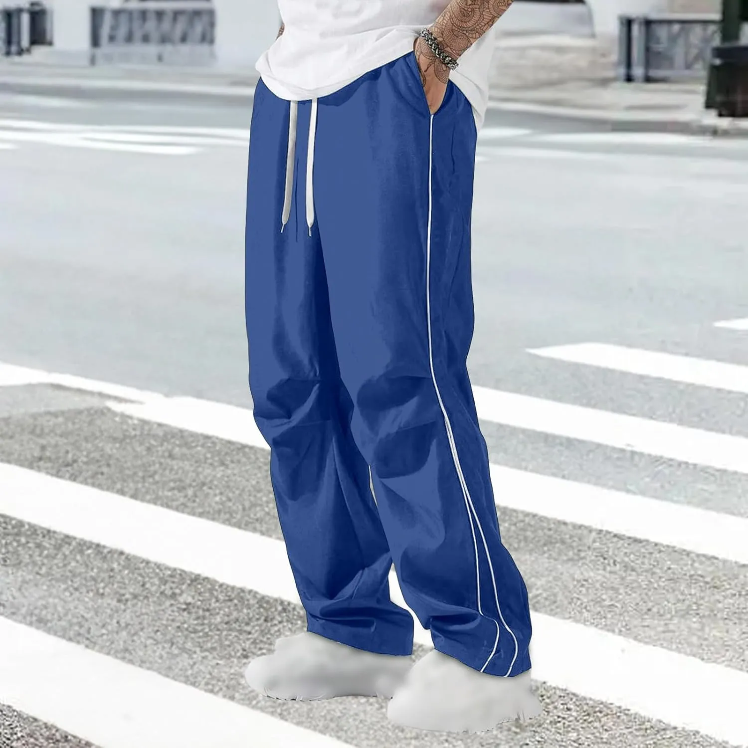 Men's Casual Drawstring Parachute Pants Baggy Elastic Waist Pants Side Stripes Athletic Loose Tousers with Pockets