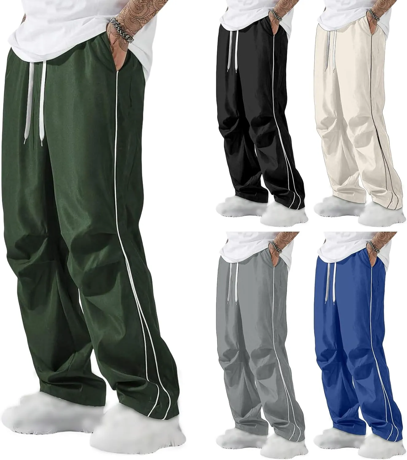 Men's Casual Drawstring Parachute Pants Baggy Elastic Waist Pants Side Stripes Athletic Loose Tousers with Pockets
