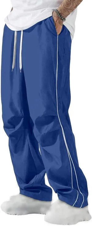 Men's Casual Drawstring Parachute Pants Baggy Elastic Waist Pants Side Stripes Athletic Loose Tousers with Pockets