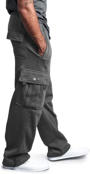 Mens Casual Fleece Cargo Sweatpants Athletic Trousers Elastic Cotton Jogger Straight Leg Pants with Pockets